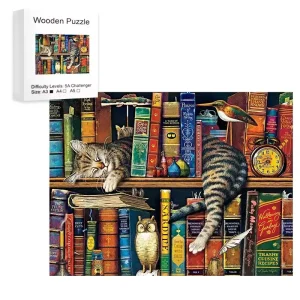Cat In Library Wooden Jigsaw Puzzle