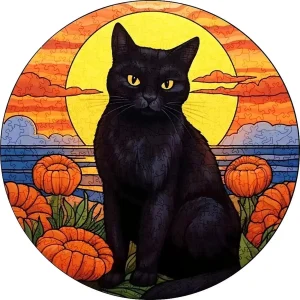 Black Cat At Sunset Wooden Jigsaw Puzzle