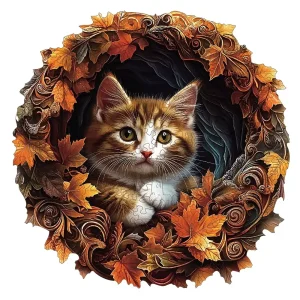 Cat And Leaves Wooden Jigsaw Puzzle