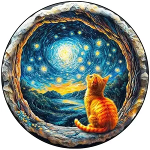 Cat And Star Sky Wooden Jigsaw Puzzle