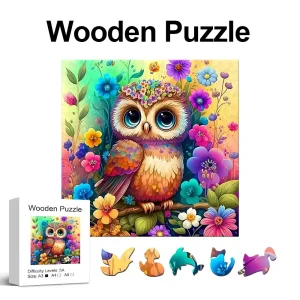 Colorful Owl And Flowers Wooden Jigsaw Puzzle