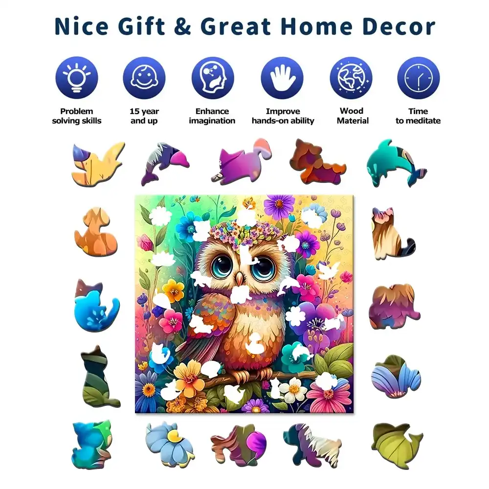 Colorful Owl And Flowers Wooden Jigsaw Puzzle - Image 5