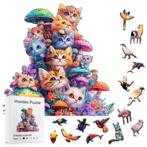 Kittens And Mushrooms Wooden Jigsaw Puzzle