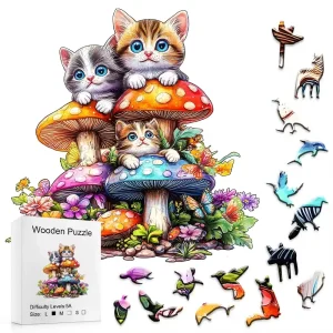 Kittens And Mushrooms Wooden Jigsaw Puzzle