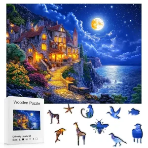 Moonlit Coastal Castle Wooden Jigsaw Puzzle