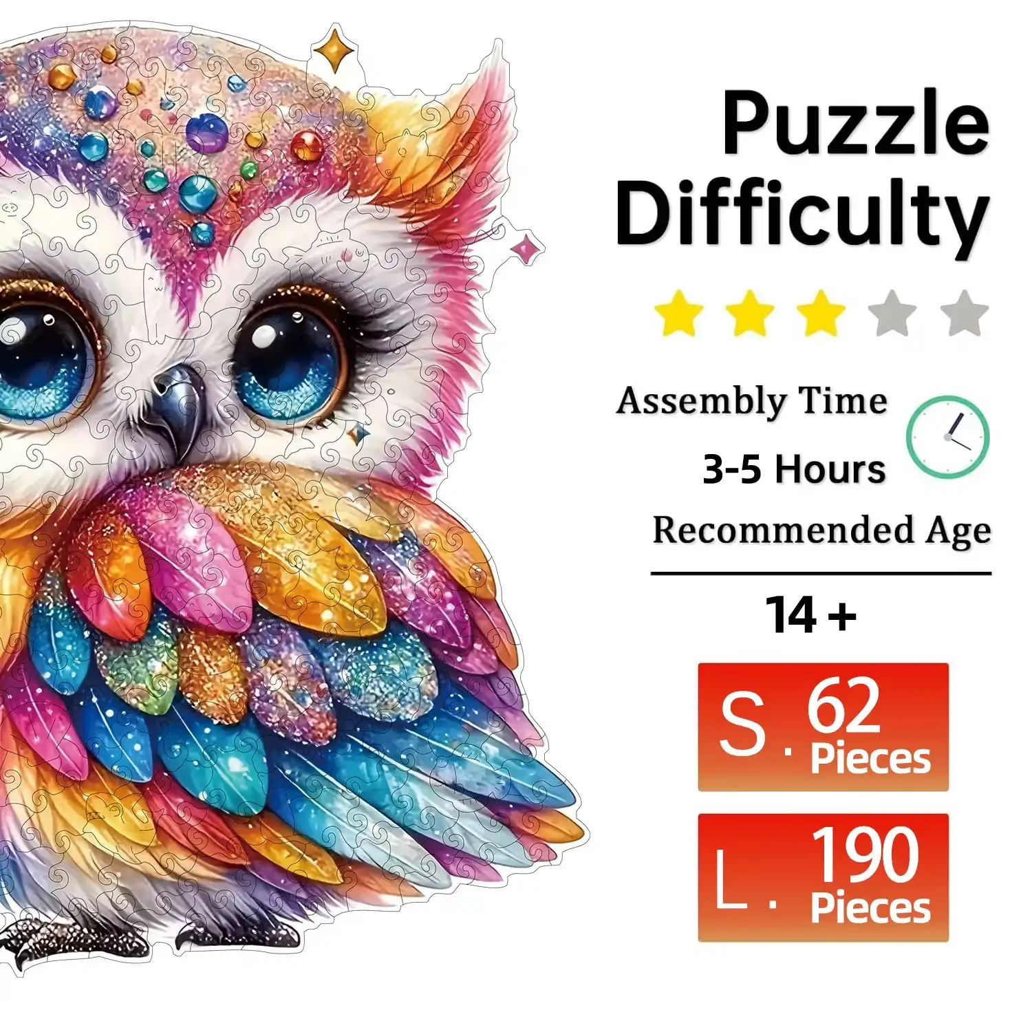 Rainbow Gemstone Owl Wooden Jigsaw Puzzle - Image 2