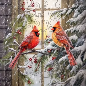Two Red Birds Christmas Wooden Jigsaw Puzzle