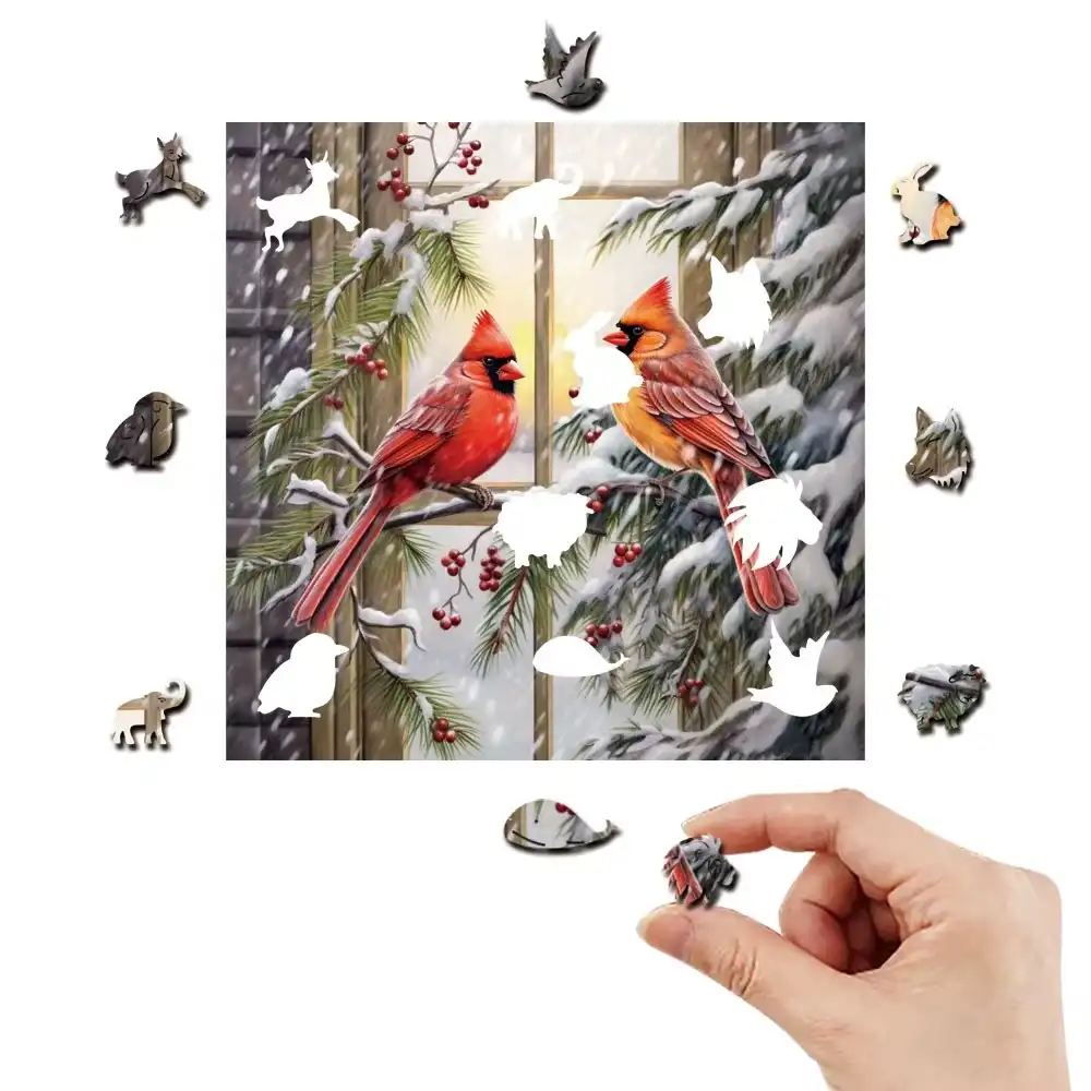 Two Red Birds Christmas Wooden Jigsaw Puzzle - Image 2