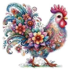 Vibrant Whimsical Rooster Wooden Jigsaw Puzzle