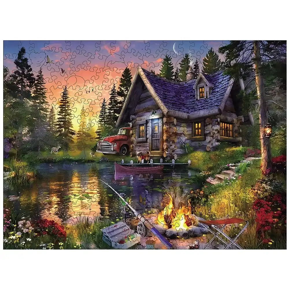 Wooden House By The Lake Wooden Jigsaw Puzzle