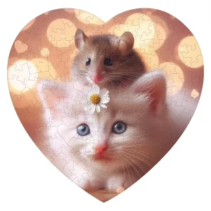 Cat And Mouse Heart-Shaped Wooden Jigsaw Puzzle