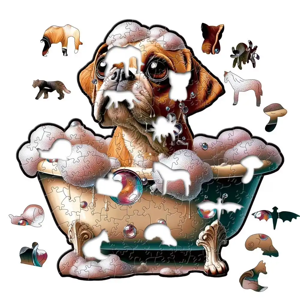 Dog Bathing Wooden Jigsaw Puzzle - Image 2