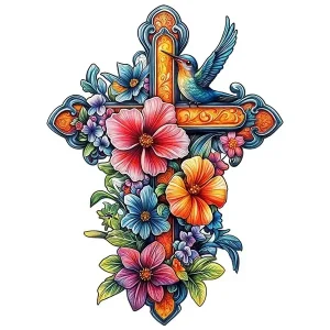 Flowered Cross Wooden Jigsaw Puzzle
