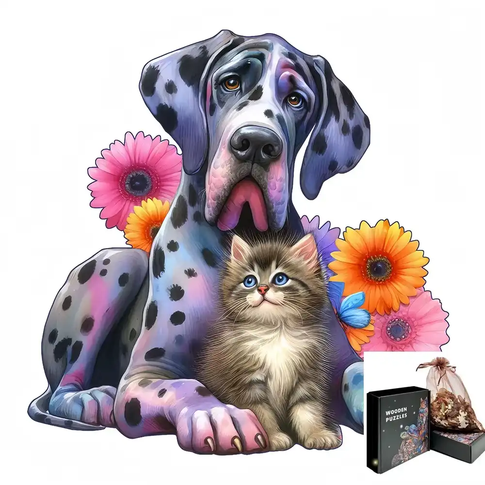 Friendship Of Dog And Cat Wooden Jigsaw Puzzle