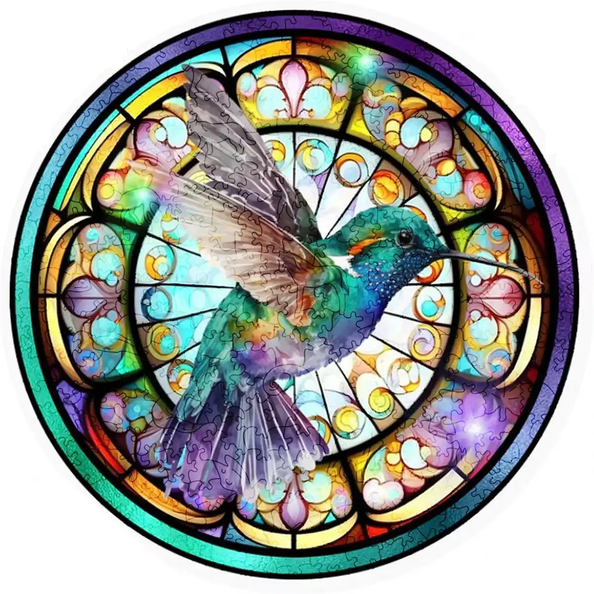 Hummingbird Near Stained Glass Wooden Jigsaw Puzzle