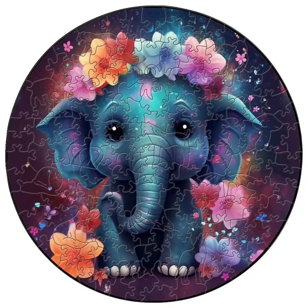 Little Elephant With Flowers Wooden Jigsaw Puzzle
