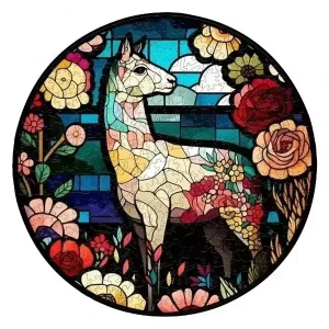 Llama and Flowers Stained Glass Wooden Jigsaw Puzzle