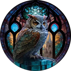 Owl Near Stained Glass Wooden Jigsaw Puzzle