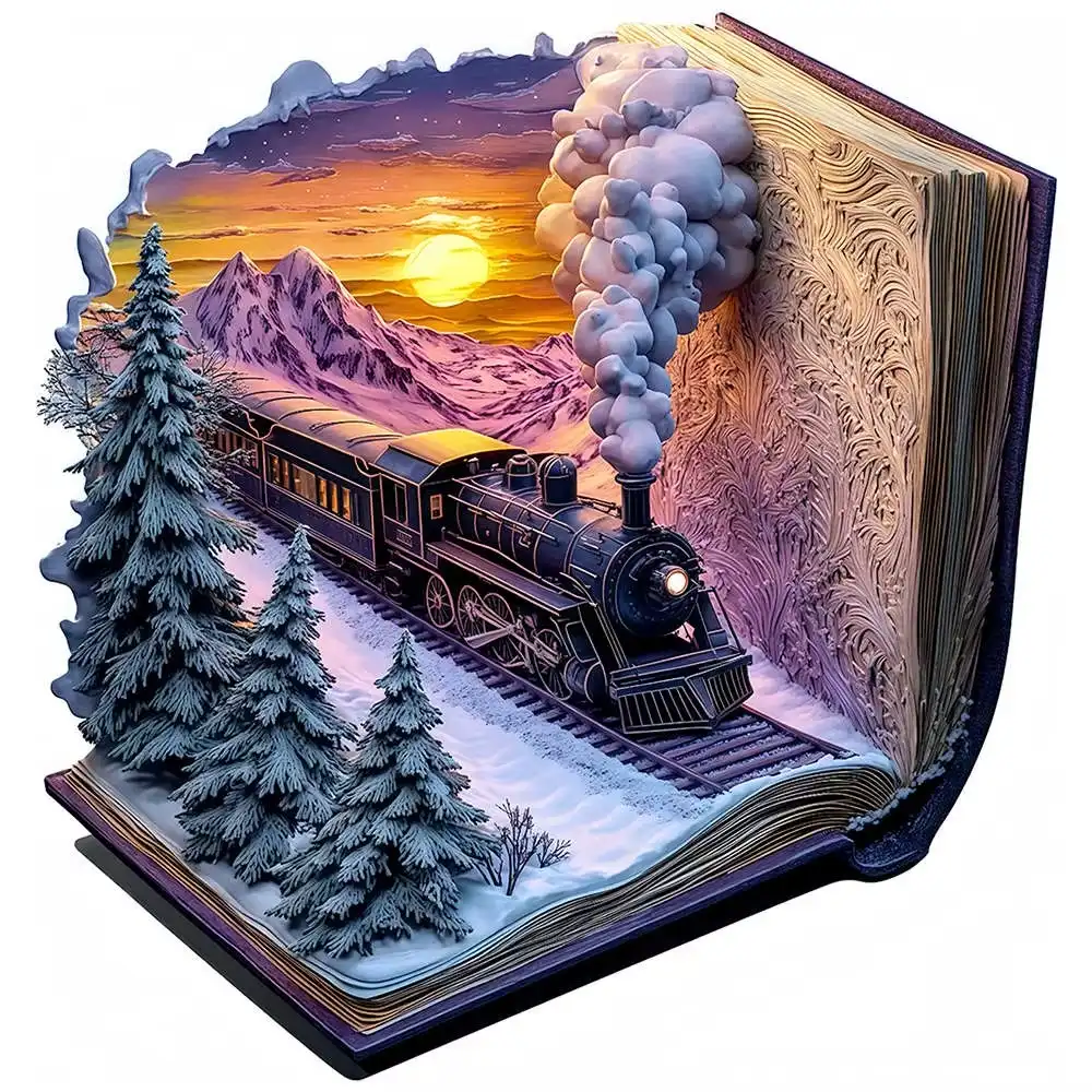 Steam Train In Winter Book Style Wooden Jigsaw Puzzle